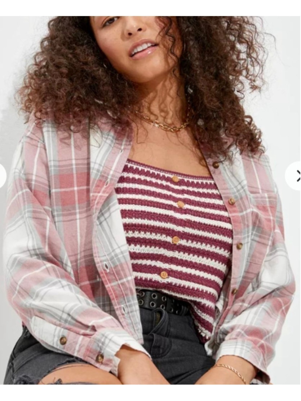 American Eagle Plaid Crop Button Up Flannel Shirt Size XXS